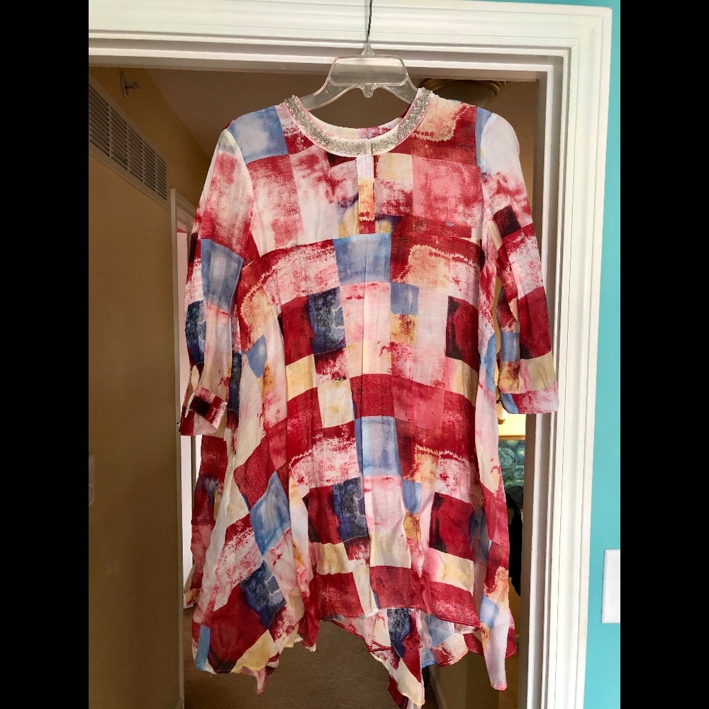 Patterned Dress with Embellished Neckline